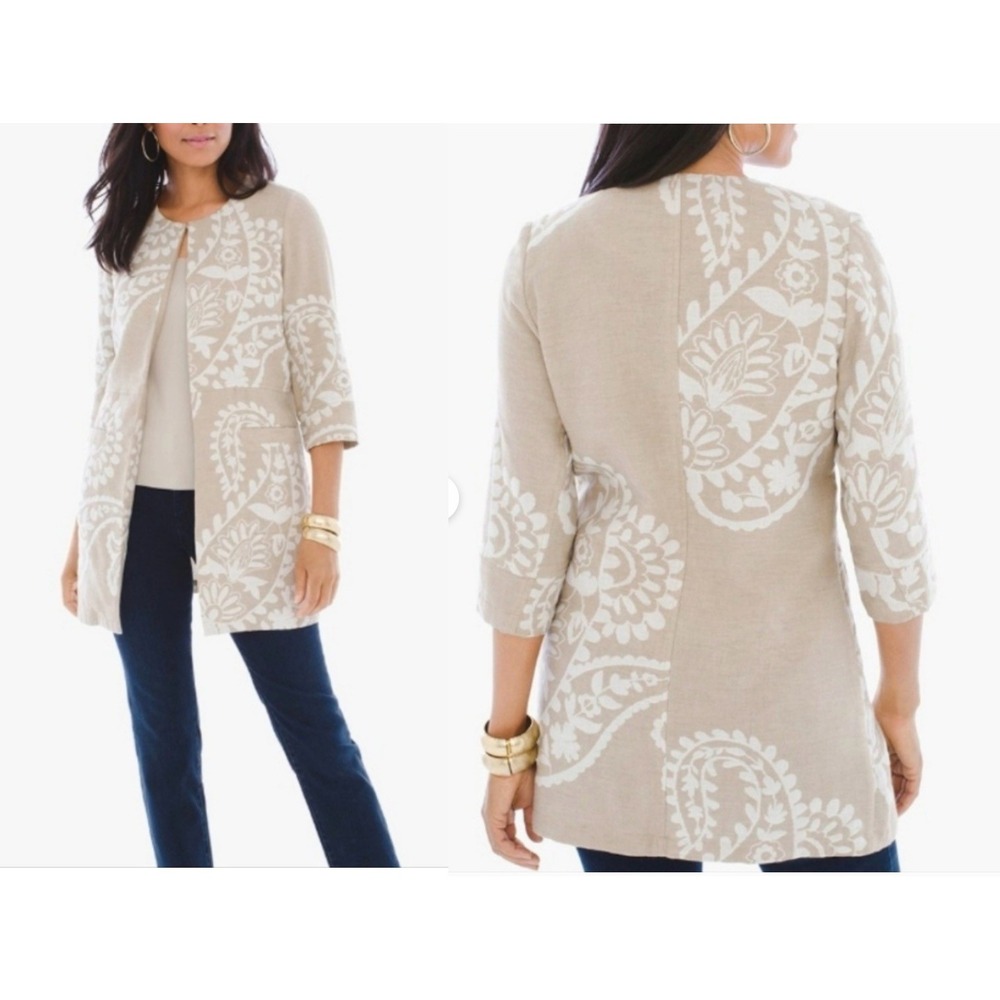 Chico's Size 1 (M) Neutral BiColor Jacquard Cotton Linen Jacket Paisley Floral